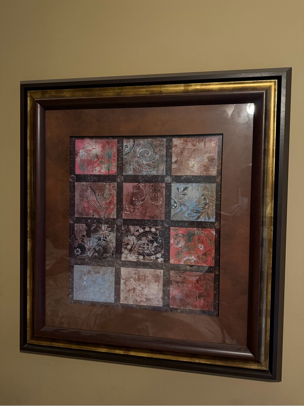 Framed Abstract Patchwork Wall Art - Red, Brown, Blue Accents 39”x42”